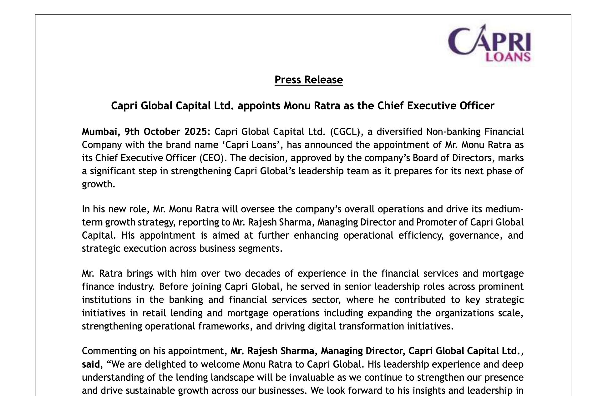 Capri Global Capital Ltd. appoints Monu Ratra as the Chief Executive Officer